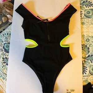 Black one-piece swimsuit with green and orange decoration.. size S